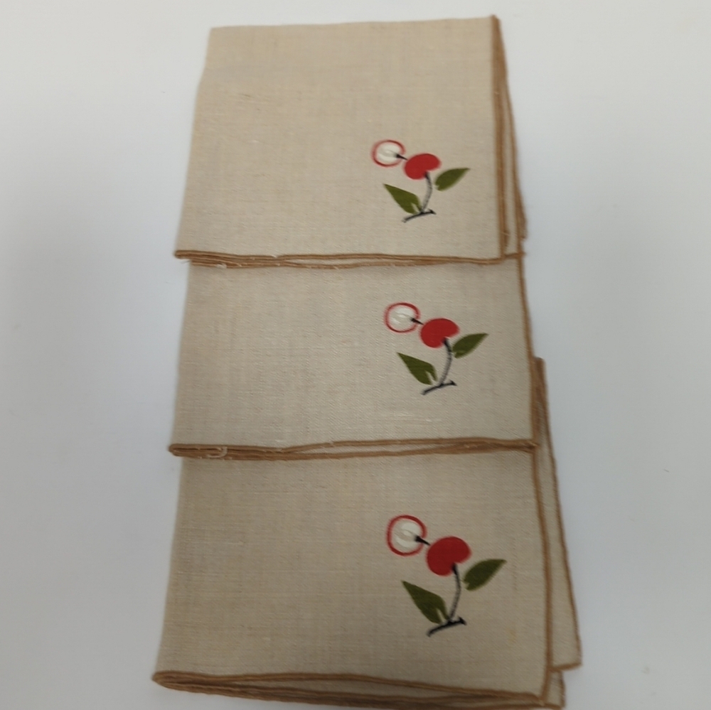 Vintage Linen Hand Painted Cherry Motif Tan Gold Border Set 3